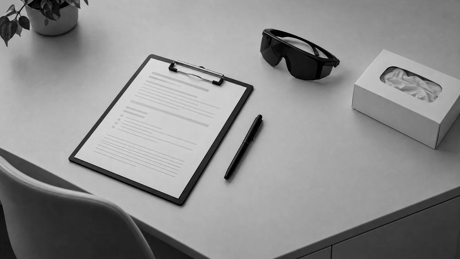 Mesa de consulta con el consentimiento informado, un bolígrafo y unas gafas de protección láser
