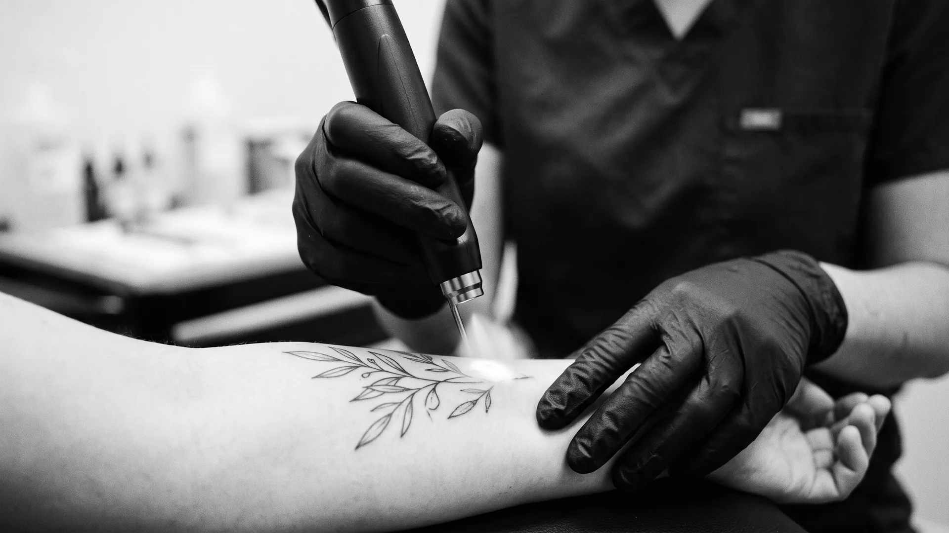 Manos con guantes negros aplicando el láser sobre un tatuaje de líneas finas en el antebrazo