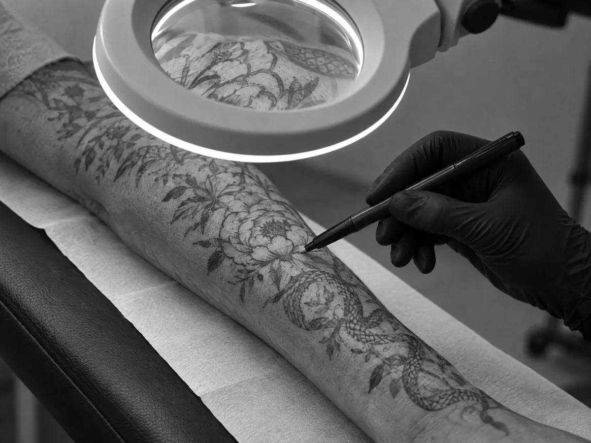 Valoración de un tatuaje con una lupa de aumento y luz