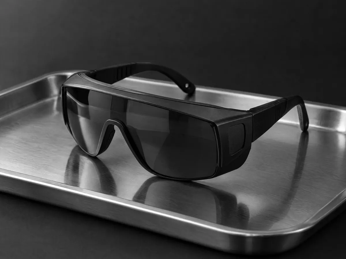 Gafas de protección láser sobre una bandeja de acero