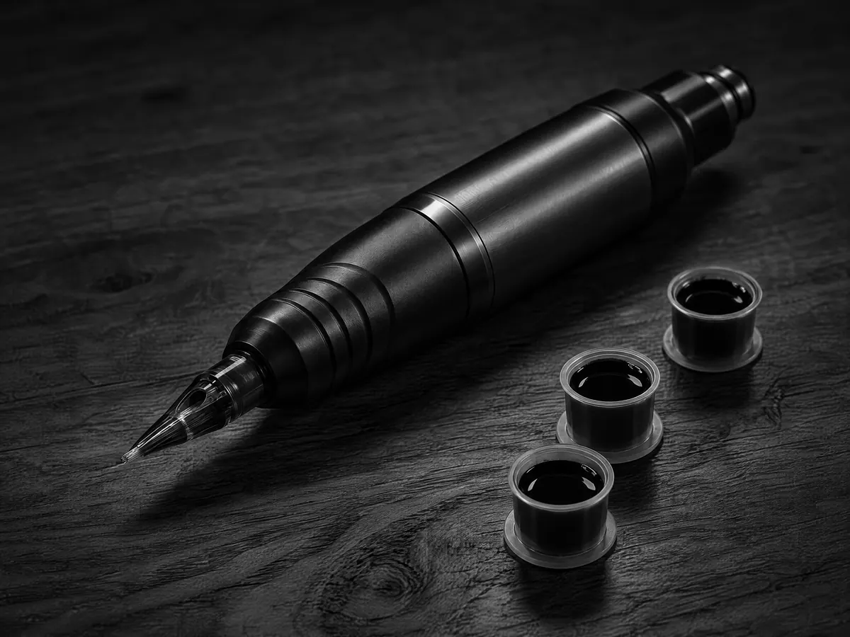 Máquina de tatuar y tapones de tinta sobre madera oscura